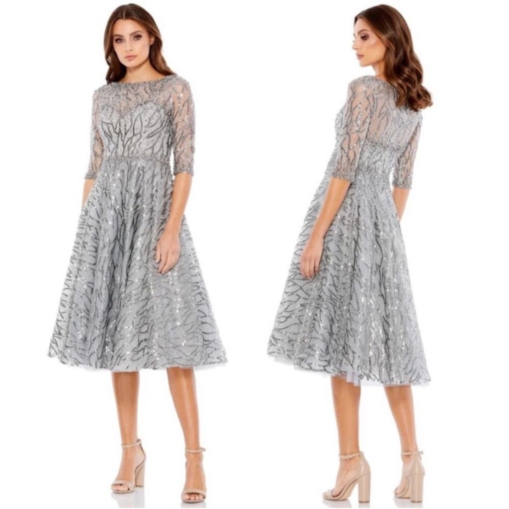 Mac Duggal 20252 Beaded Illusion Neck A-Line Midi Dress Platinum 4